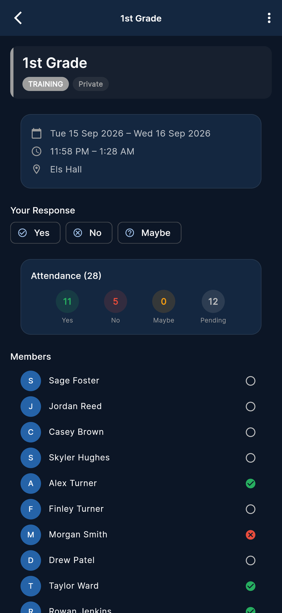 ClubEzy event screen for coaches marking attendance
